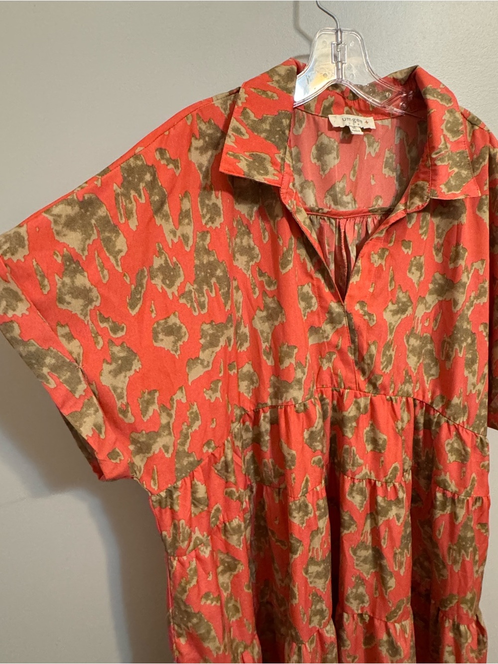 Umgee XL Coral Olive Abstract Print Tiered Dress Fringe Hem Boho Linen blend - Picture 3 of 5